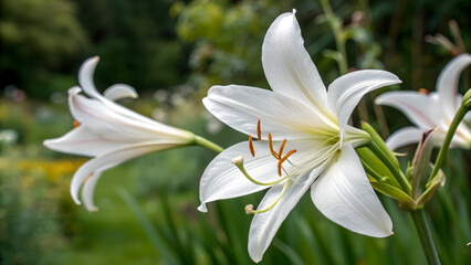 Fototapeta premium Close-Up of Beautiful White Lilies in Lush Green Garden