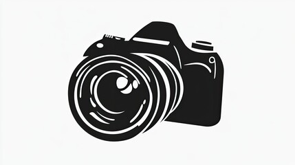 Sleek DSLR camera icon, white background, photography symbol, website design element