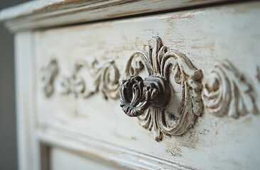 Antique wooden chest of drawers with a lock and distressed finish. A vintage storage cabinet with ornate details and rustic charm, ideal for home decor, restoration, and interior design projects.

