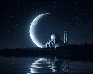 Ramadan Crescent Moon and Mosque Reflection on Water