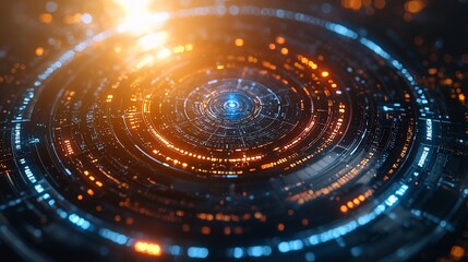 Futuristic Technology Interface: Abstract Circular Design with Orange and Blue Neon Lights