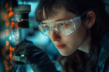 Scientific research in a laboratory setting featuring a focused young woman analyzing data on a digital display