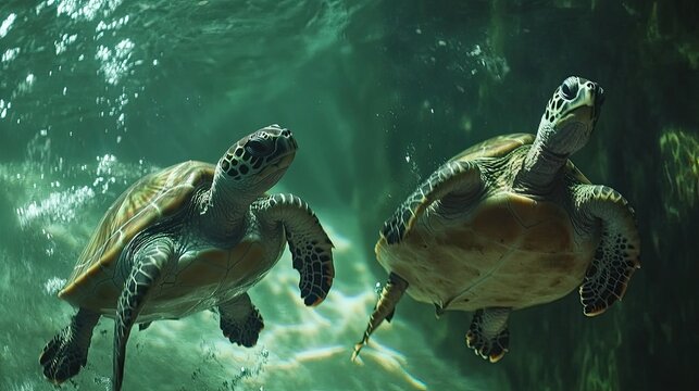 Two Sea Turtles gracefully swim underwater in a clear ocean environment observing the beauty