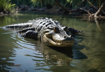 Fototapeta premium Alligator stalking its prey in shallow waters , gators, predator-prey interaction, marsh habitat