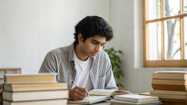 Indian Student Preparing for Competitive Exam &ndash; A focused student surrounded by books, preparing for tough exams like UPSC.
