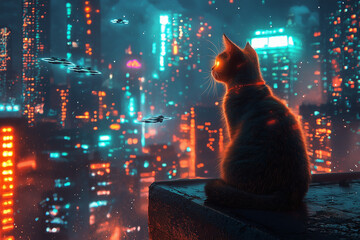 Un chat noir dans une ville futuristique