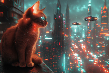 Un chat noir dans une ville futuristique