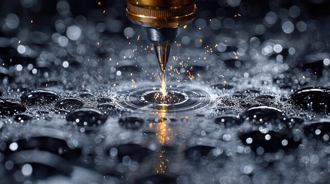 Electrical discharge machining on metal in water, sparks, bubbles