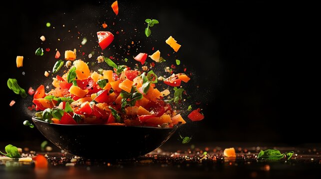 Bowl of chopped vegetables being tossed in culinary art preparation process