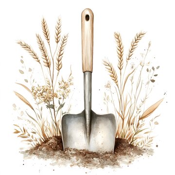 shovel in soil with wheat watercolor clip art preview