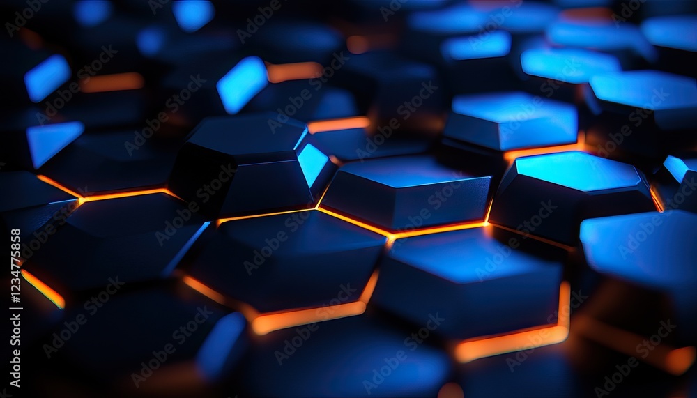 Poster a close-up of hexagonal shapes illuminated with blue and orange hues, creating a futuristic and abst