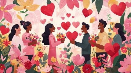 Valentine mockup card blank text festive decorations love celebration. People Exchange Heart Gifts Amidst Flowers.