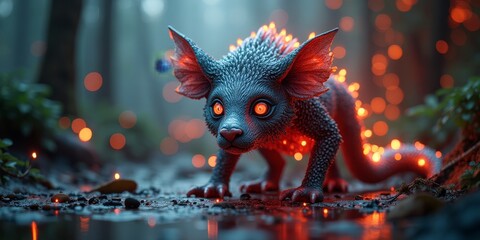 A mysterious, glowing creature with large ears and sharp claws