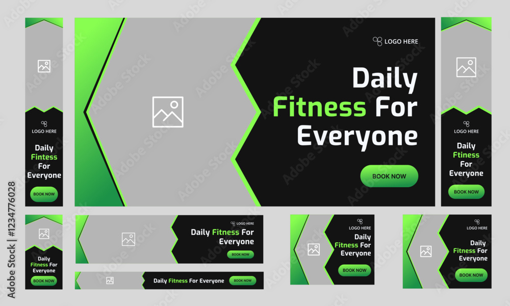Wall mural best body fitness web set banner design, daily exercise web bundle banner design for social media po