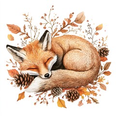 Fototapeta premium A peaceful fox curled up and sleeping, surrounded by autumn leaves and pinecones, capturing the essence of tranquility in a woodland setting.