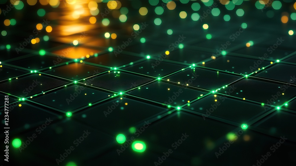 Poster a mesmerizing digital landscape featuring glowing green and golden lights scattered across a grid-li
