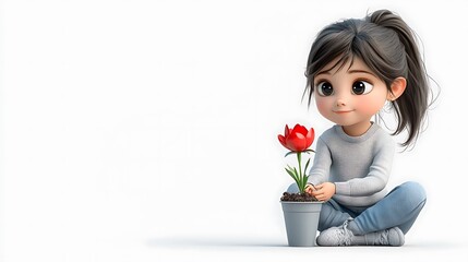 A 3D cartoon of a little girl planting flowers in a garden, with red, white, and blue petals, isolated white background. Ultra-Realistic, Photo Realistic, highly detailed, 