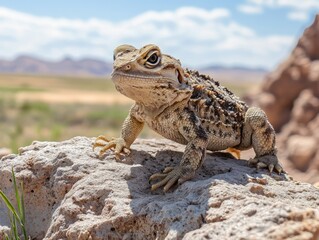 A close-up view of a desert lizard with mottled skin standing on a rock in a dry habitat