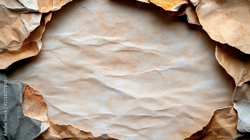 Poster a textured background of crumpled brown paper with ragged edges, creating a rustic and artistic fram