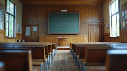 Empty lecture hall with chalkboard, podium, wooden benches, and natural light