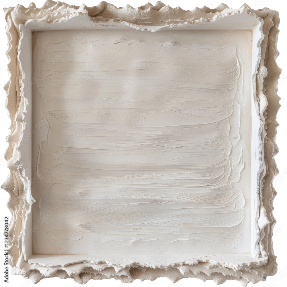 Poster textured white canvas with bold thick brushstrokes around a deep frame edged in ruffled texture