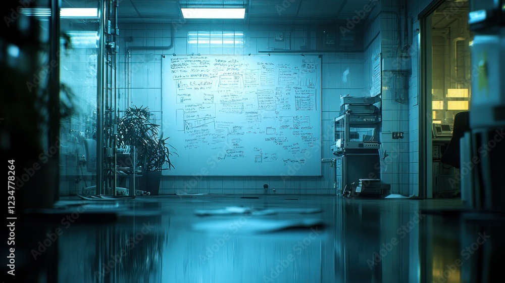Poster empty lab at night, whiteboard with formulas, papers on floor