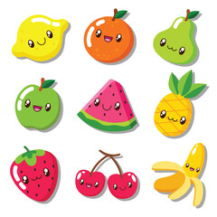 Set of cute kawaii fruits cartoon illustration