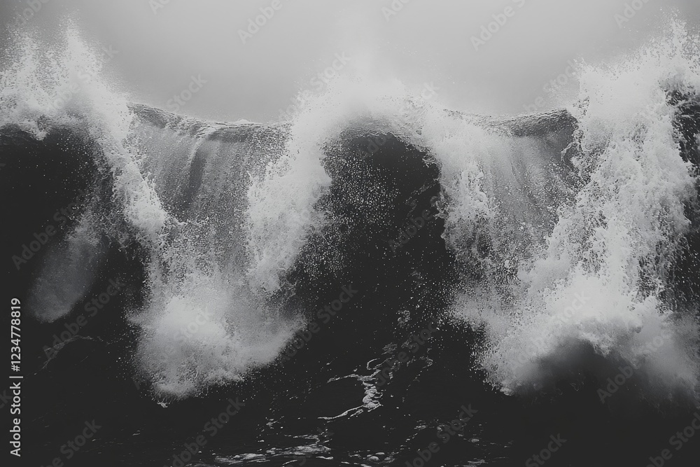 Poster powerful waves crashing dramatically against the shore on a stormy day with overcast skies