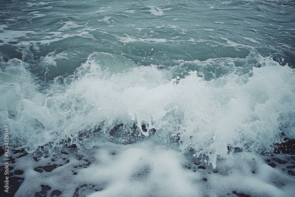Poster waves crashing on the shore, creating white foam at a coastal beach during a cloudy day