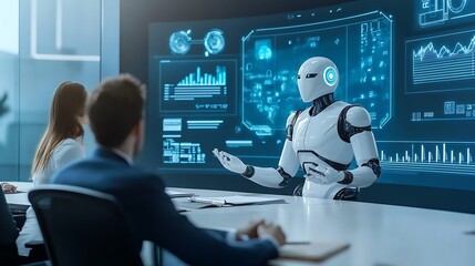 Business meeting with ai robot corporate office digital presentation modern environment professional viewpoint empowering people