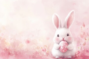 Cute white bunny holding a pink Easter egg surrounded by soft pastel flowers on a bright spring day