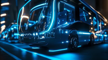 Obraz premium A sleek, futuristic train glides through a neon-lit cityscape, showcasing advanced technology and modern design in a bustling urban environment.