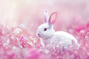 White rabbit resting among pink flowers in a tranquil garden setting during springtime