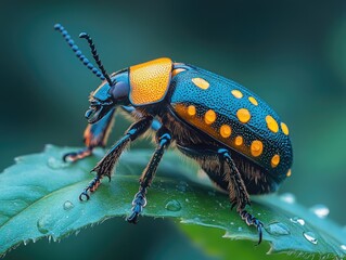 Detailed close-up of a colorful beetle resting on a green leaf with water droplets