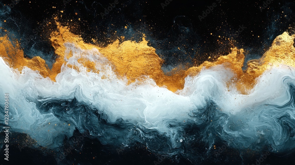 Poster abstract swirling waves of gold and blue create a dynamic visual effect.