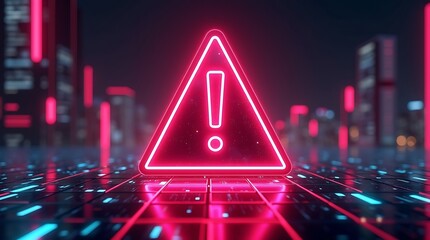 Neon red warning sign  holographic exclamation mark  technology concept