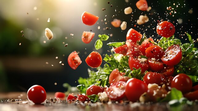 Fresh tomatoes falling onto a pile of chopped tomatoes with family recipes in the background