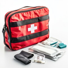 Open First Aid Kit with Medical Supplies Isolated on White Background