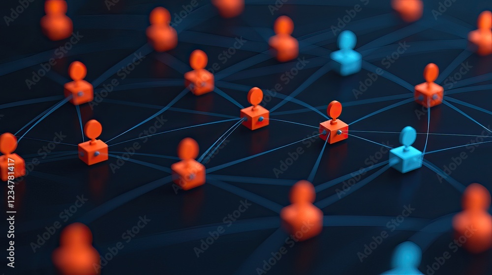 Poster a digital network visualization with interconnected nodes represented by orange and blue figures, il