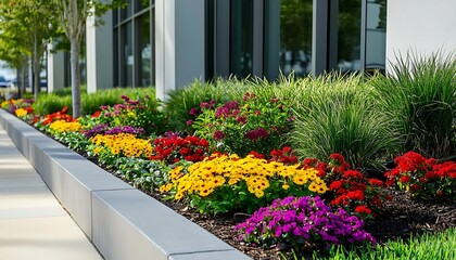 Well-maintained commercial landscaping with plants and flowers. 


