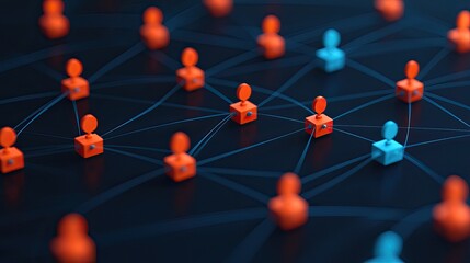 A digital network visualization with interconnected nodes represented by orange and blue figures, illustrating social connections and relationships.