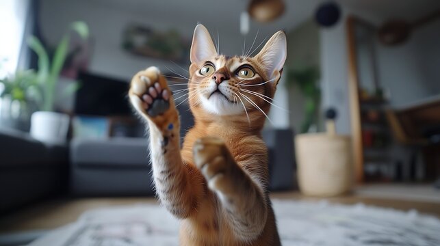An energetic cat playfully reaching up with its paws in a brightly lit living room space, showcasing a lively and playful atmosphere