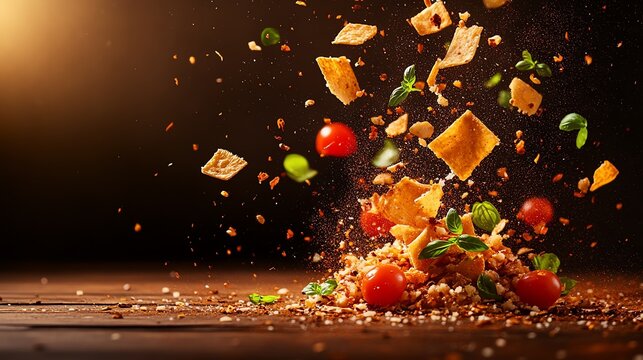 A pile of diverse food items showcasing various flavor profiles and textures on a wooden background