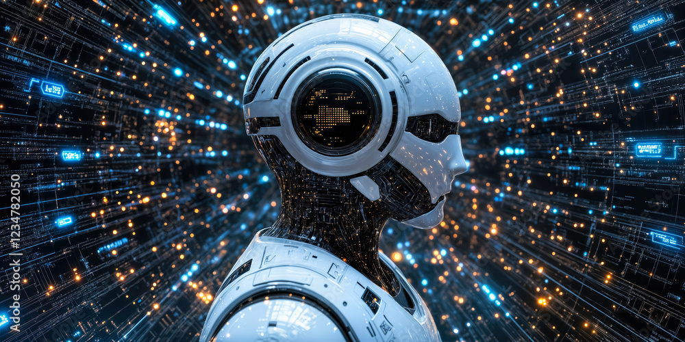 Poster futuristic ai robot enhancing digital navigation with advanced artificial intelligence