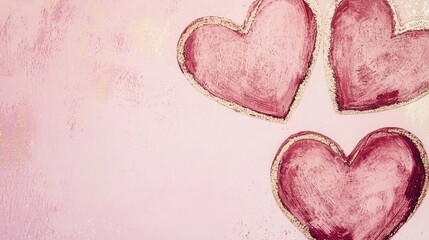 Fototapeta premium Valentine mockup card blank text festive decorations love celebration. Three Pink Painted Hearts on Textured Pink Background with Golden Brush Strokes and Accents.