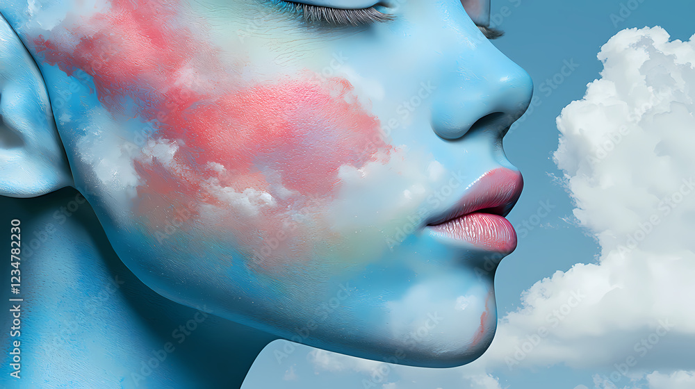 Poster blue-skinned mannequin with cloud patterns on the face against a soft sky backdrop, emphasizing a se