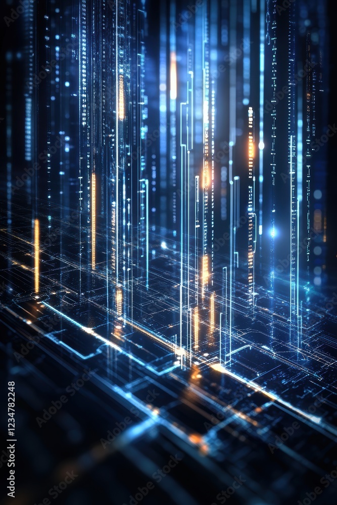 Poster a stunning visual of a futuristic digital landscape with glowing lines and data streams, creating a 