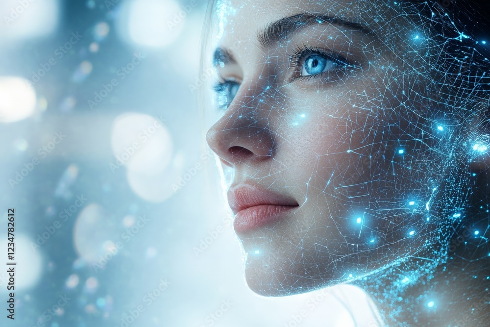 Poster woman's face illuminated with digital patterns showcasing technology and creativity in a futuristic 