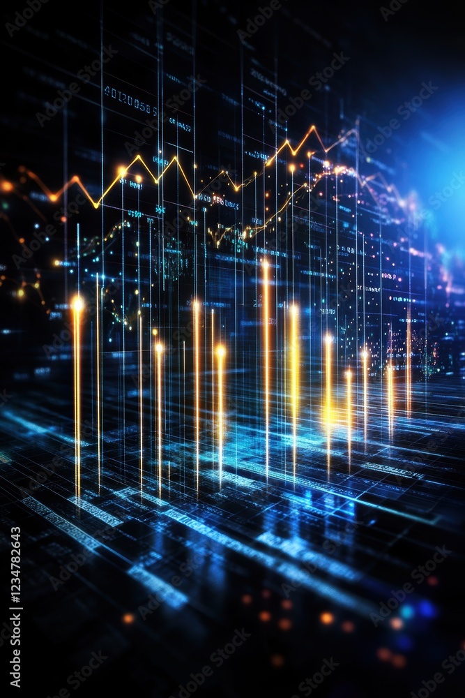 Poster a captivating digital representation of financial analytics, featuring vibrant graphs and data visua