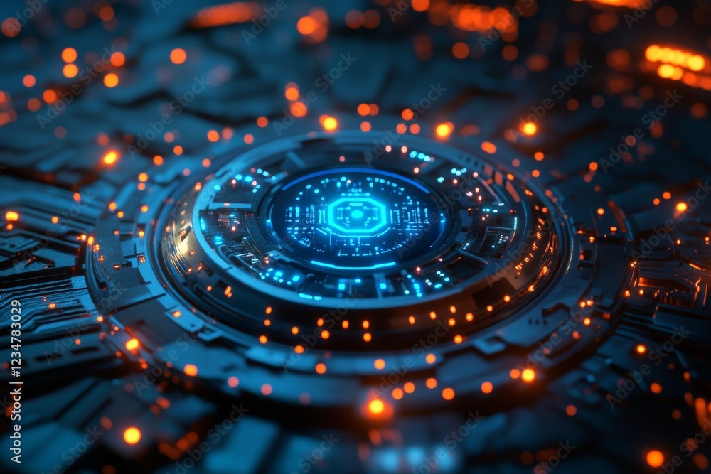 Poster intricate circuit design with glowing blue and orange elements highlighting technological innovation